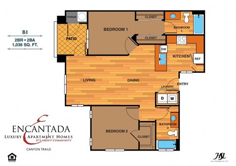 Floor plan for 2 beds, 2 baths, 1036 sqft